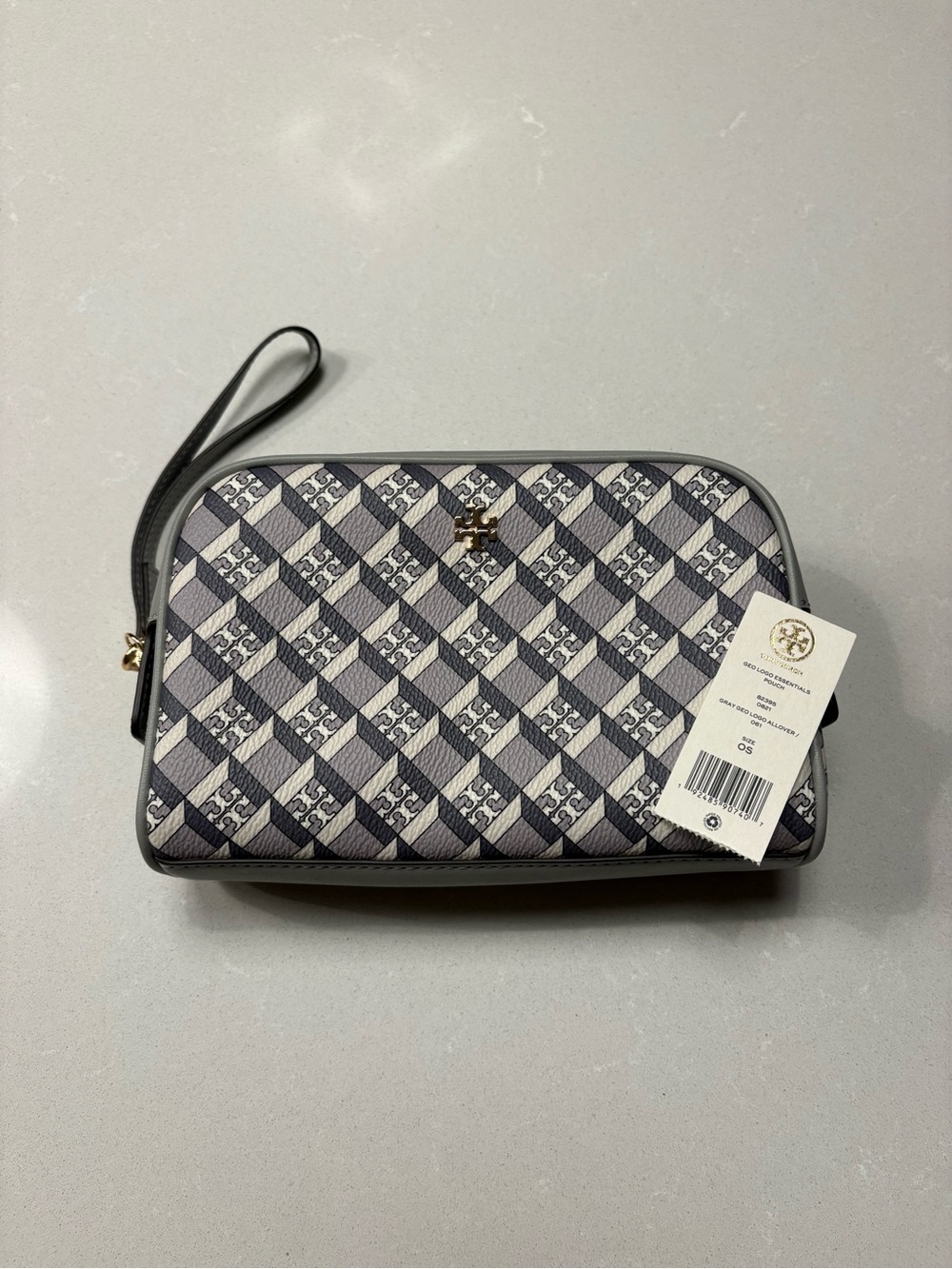 Tory Burch Gray Monogram Wristlet Clutch with Gold Logo